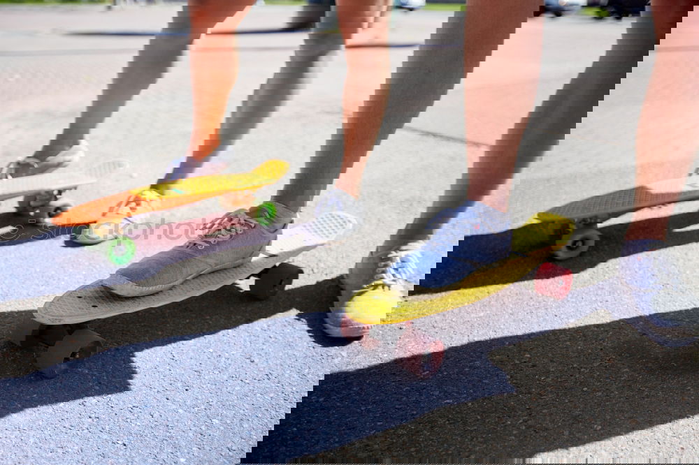 Image, Stock Photo Group of hipster friends longboarding on the road in summer