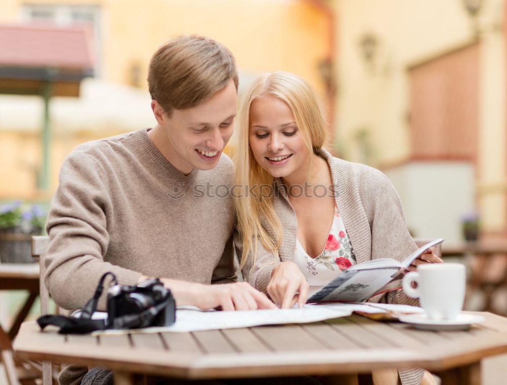 Similar – Image, Stock Photo Two male teenagers browsing the internet in cafe. Entertaining with electronics