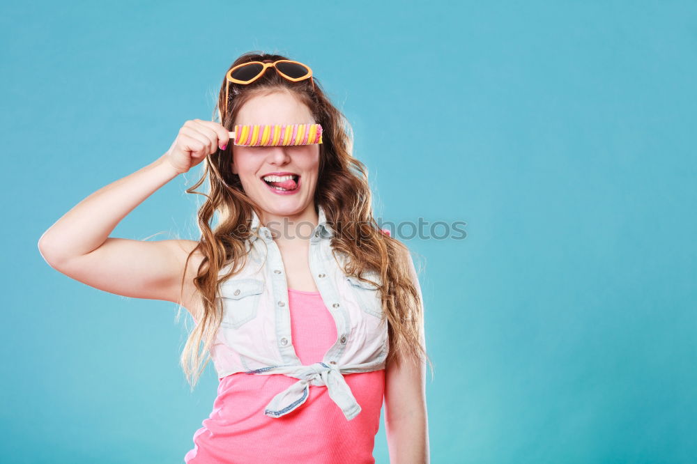 Similar – Image, Stock Photo Caucasian women making funny face with chocolate donuts