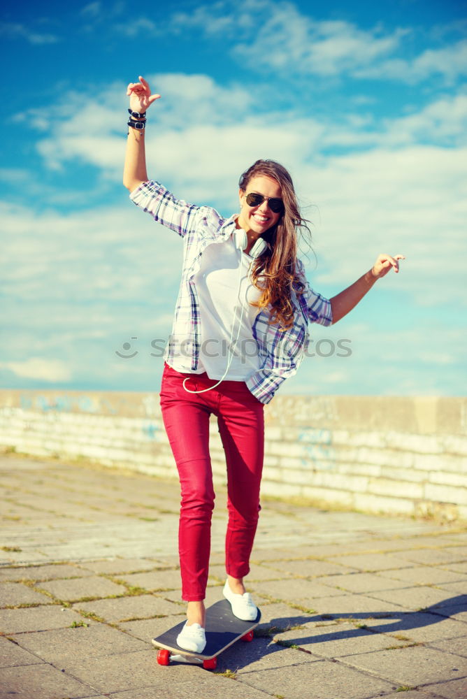 Similar – young woman with balloon on the mountain at a city