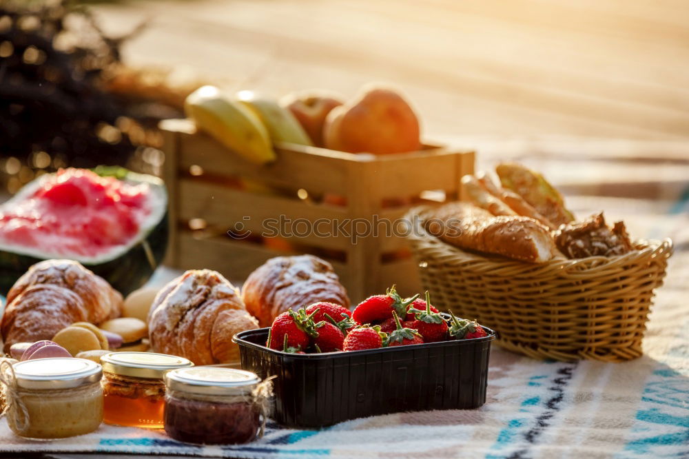 Similar – Image, Stock Photo Coffee or tea and tropical fruit plat on white bed