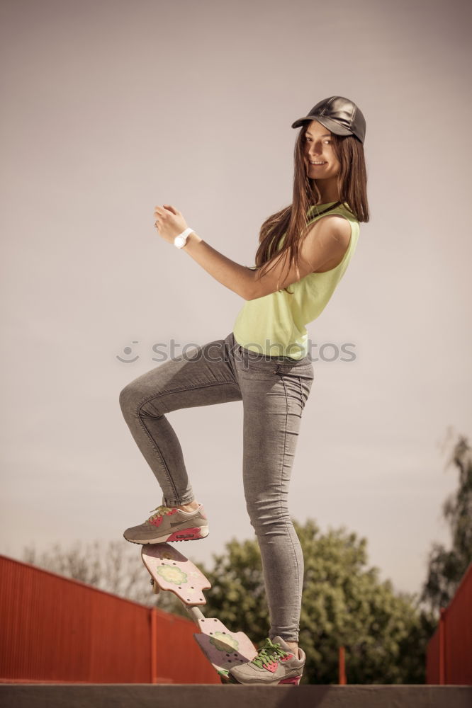 Similar – Image, Stock Photo Brunette girl with longboard in the street