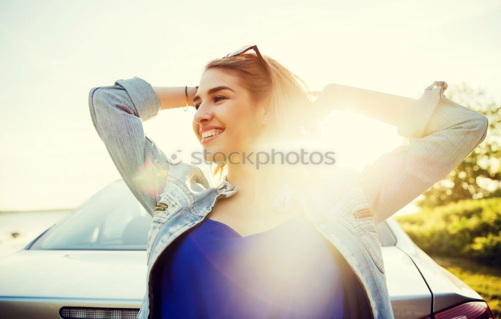 Similar – Image, Stock Photo happy child girl looking out the car window