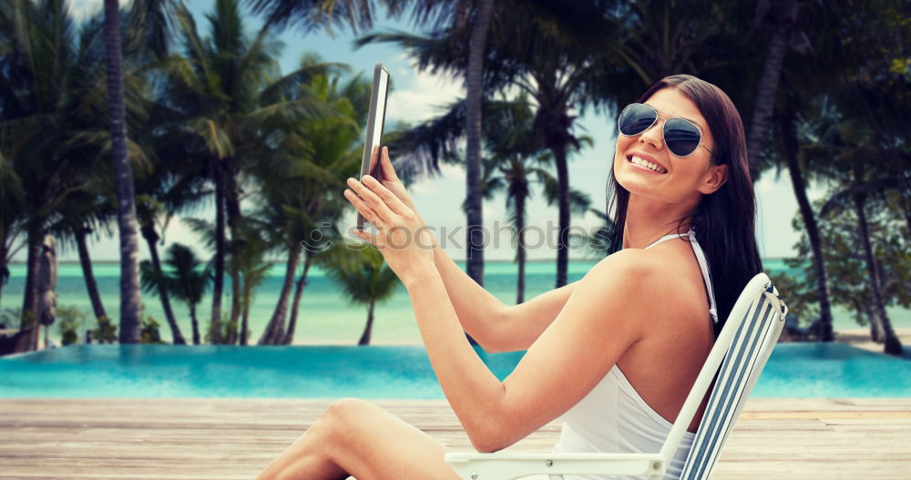 Similar – Image, Stock Photo Young beautiful women in bikini sitting at swimming pool