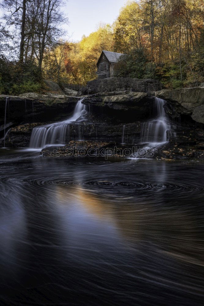 Image, Stock Photo Old half-timbered house on the river with canoe in autumn