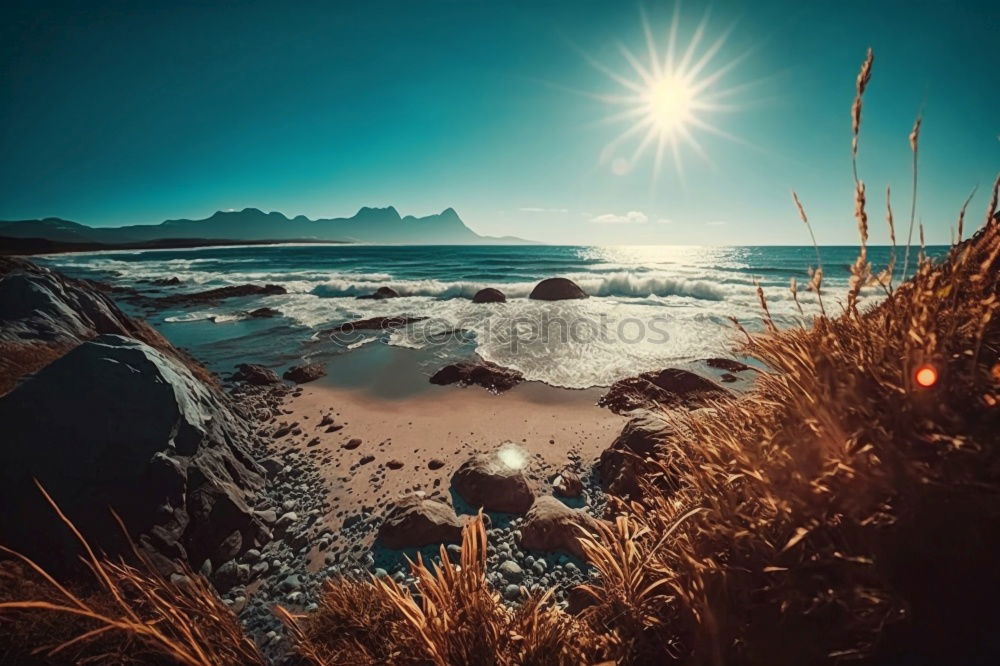 Similar – Image, Stock Photo Liapades Beach, evening atmosphere on a stony beach, waves breaking on a rock behind which the sun is setting