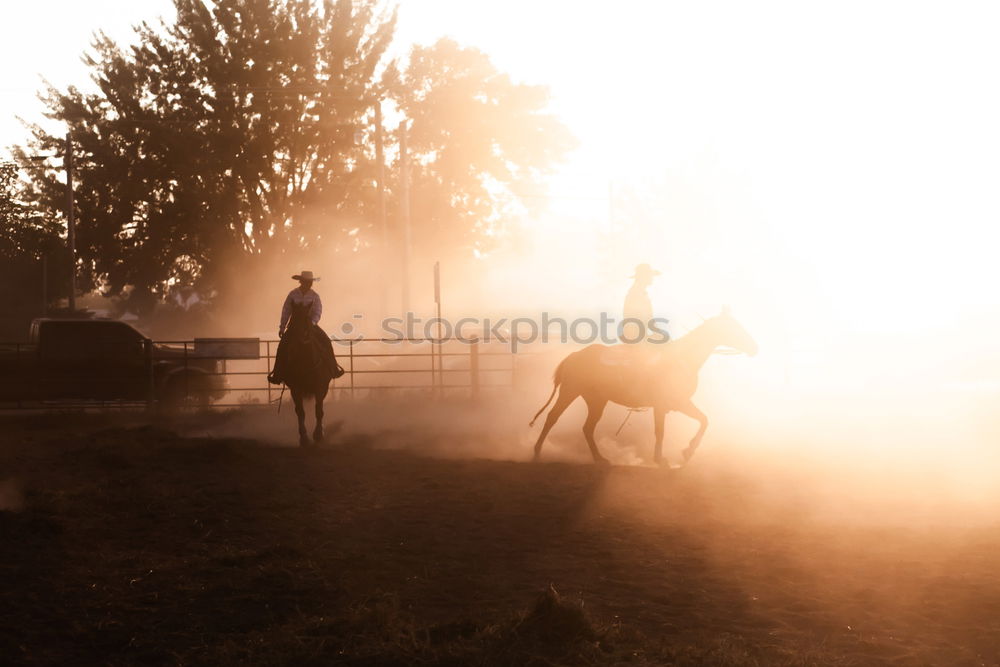 Similar – Departure, a lone rider with hat and blue shirt rides by