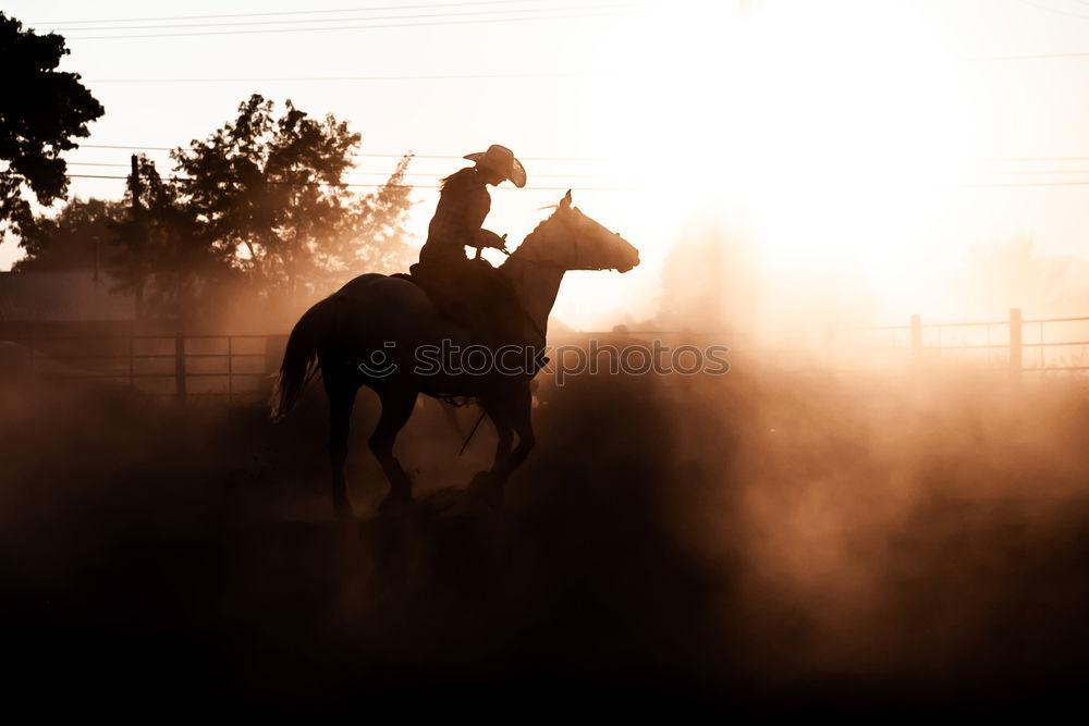 Similar – Departure, a lone rider with hat and blue shirt rides by