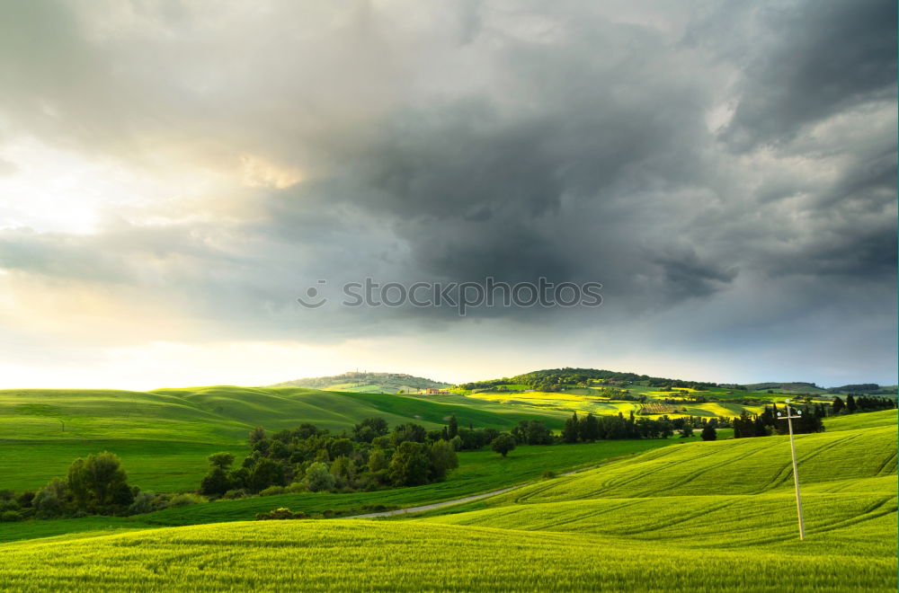 Similar – Tractor driving on colourful fields with cloudy skies