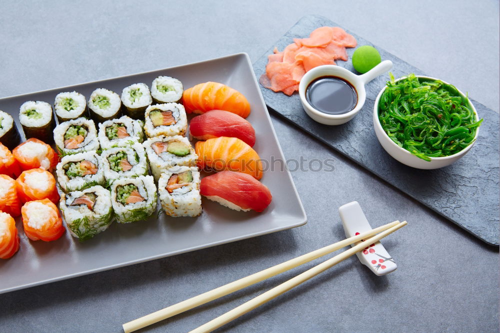 Similar – Asian menu with sushi, rice paper summer rolls and miso soup