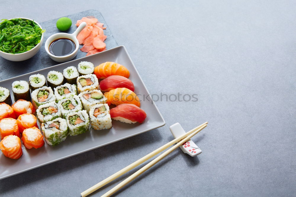 Similar – Image, Stock Photo Sushi menu with summer rolls and miso soup