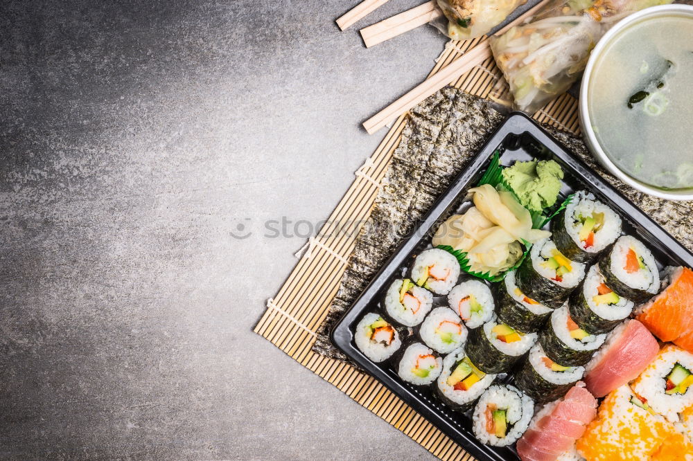 Similar – Asian menu with sushi, rice paper summer rolls and miso soup