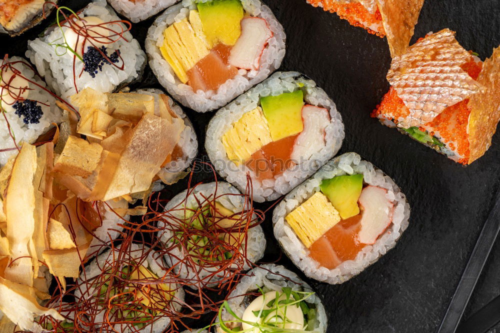 Similar – Image, Stock Photo Sushi served on blackboard