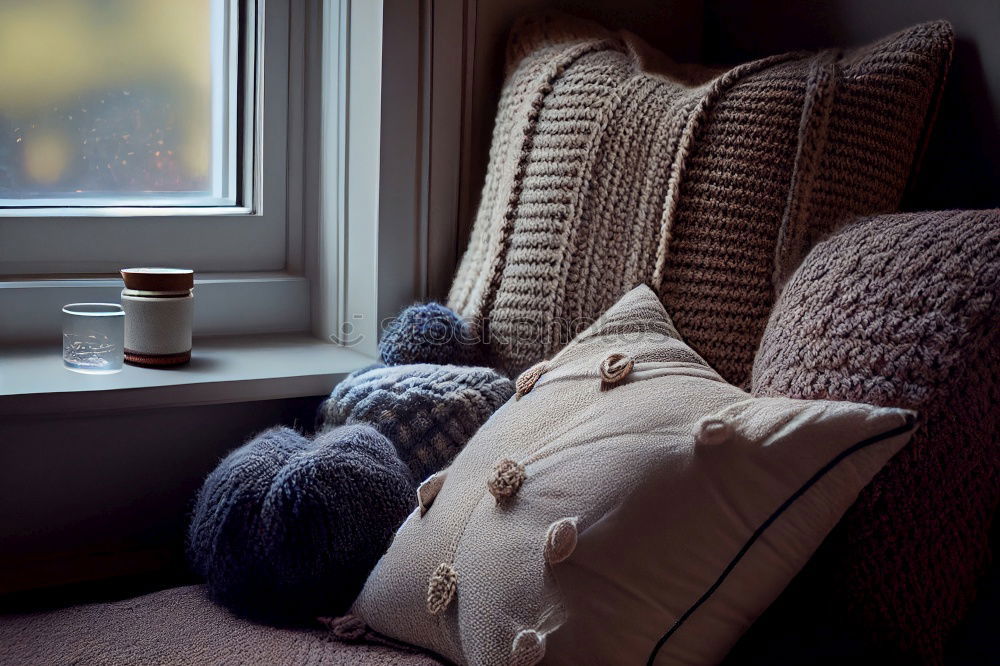 Similar – Gemütliches Sofa mit Decke und Buch zuhause vor Tür mit weißen Sprossen im Wohnzimmer