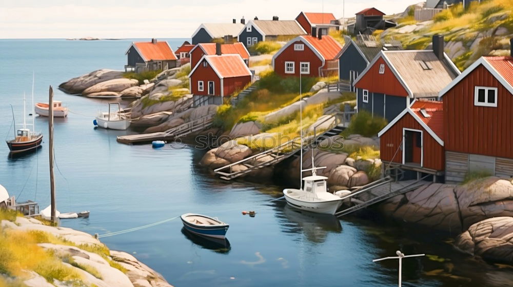 Small harbor with boats on archipelago island in Sweden