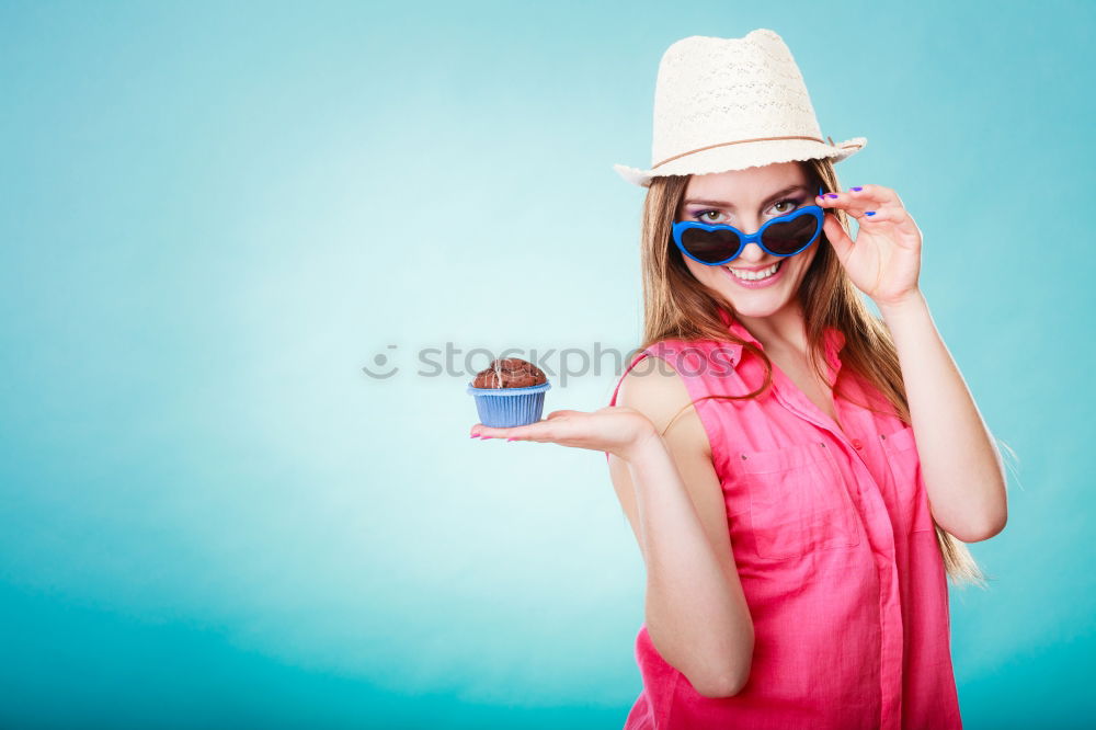 Similar – happy boy drinking orange juice on blue background