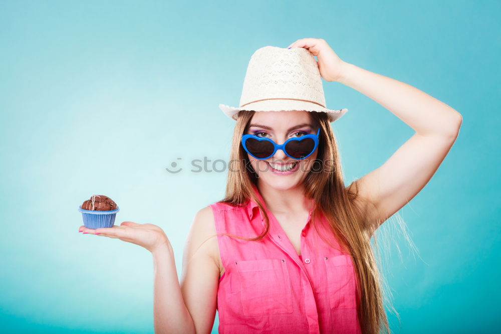 Similar – happy boy drinking orange juice on blue background