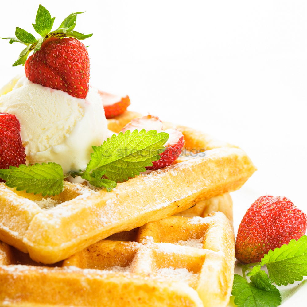 Image, Stock Photo Breakfast belgian with waffles with strawberries and honey