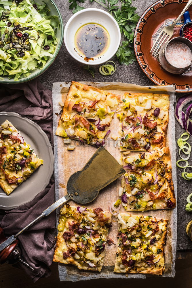 Image, Stock Photo Flammkuchen with vegetables and green salad