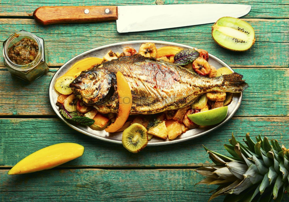 Similar – Image, Stock Photo Roasting salmon fish on grill