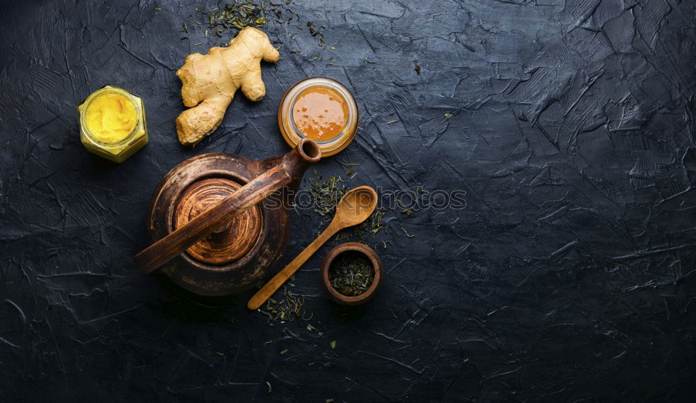 Similar – Image, Stock Photo Healthy ingredients border for making turmeric milk drink with fresh turmeric roots , spices and honey on dark background. Hot winter beverage. Immune boosting remedy , detox and dieting concept .