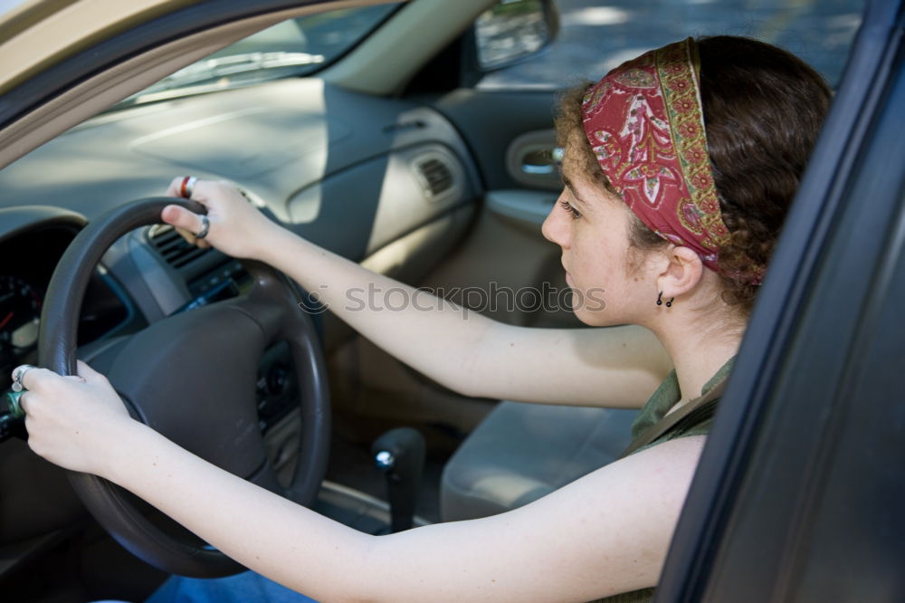 Image, Stock Photo funny child girl playing driver, sitting on front seat in car