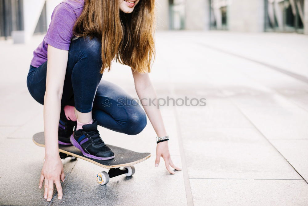 Similar – Image, Stock Photo A beautiful teenager is sitting on a skateboard in a special area of the Park. A boy is resting after riding in a skatepark. Active rest in the fresh air