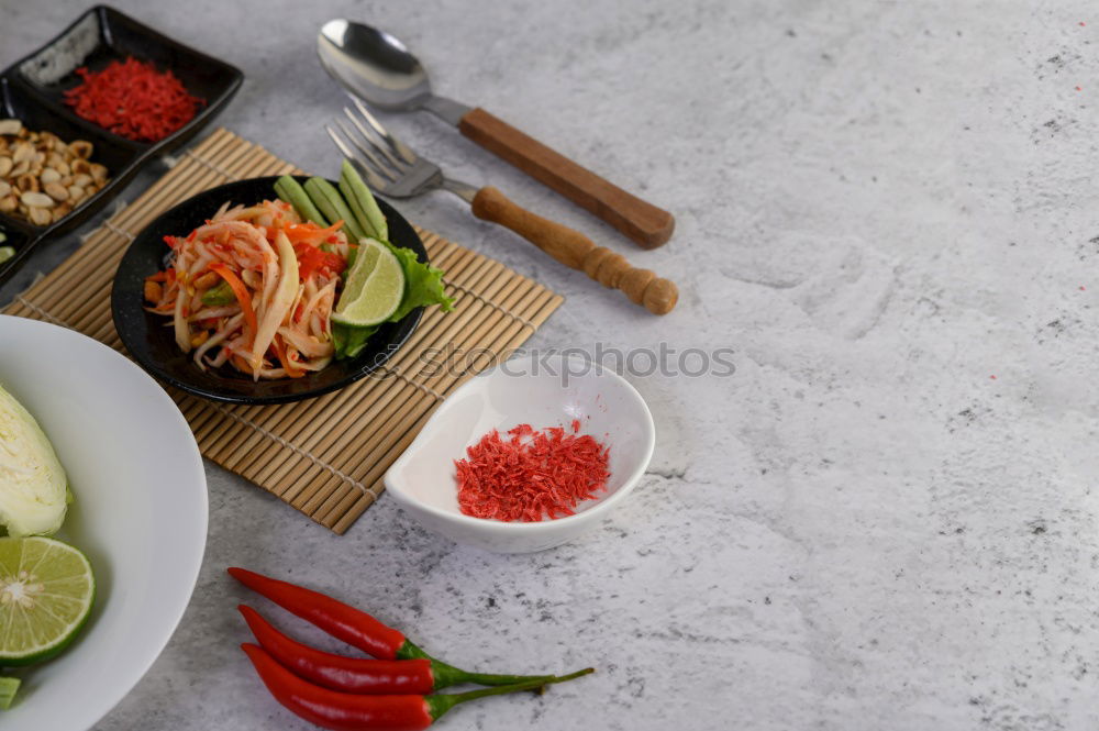 Similar – Image, Stock Photo Modern sustainable food delivery with eco friendly packaging and cutlery. Healthy Asian take away food : salad bowl with salmon on grey concrete kitchen table. Top view.