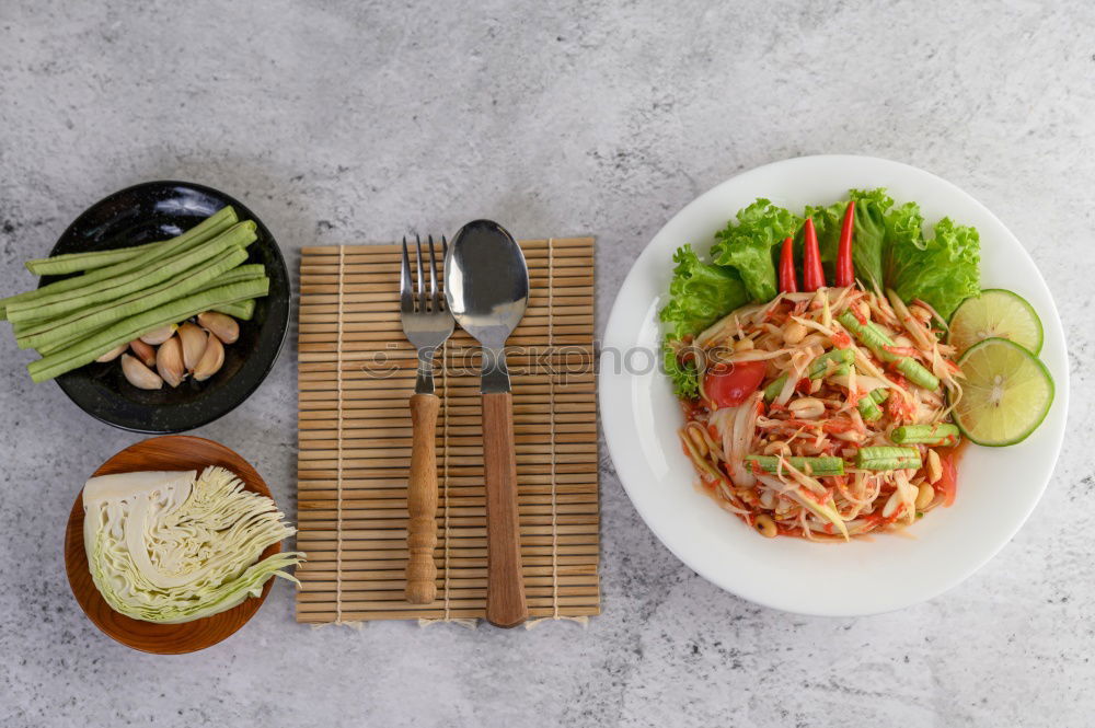 Similar – Image, Stock Photo Modern sustainable food delivery with eco friendly packaging and cutlery. Healthy Asian take away food : salad bowl with salmon on grey concrete kitchen table. Top view.