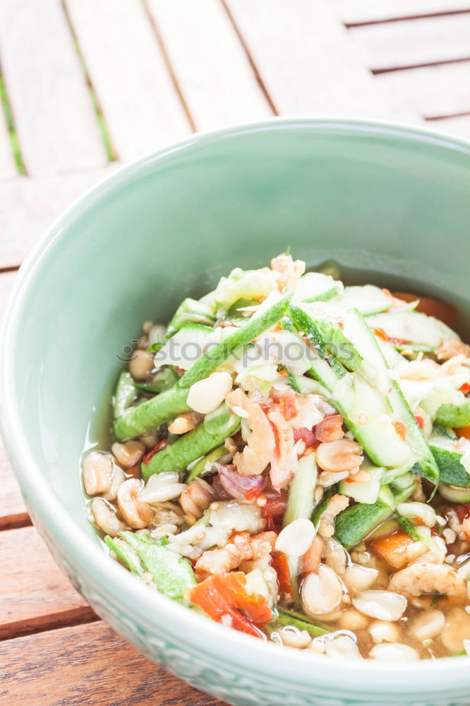 Similar – Image, Stock Photo Modern sustainable food delivery with eco friendly packaging and cutlery. Healthy Asian take away food : salad bowl with salmon on grey concrete kitchen table. Top view.