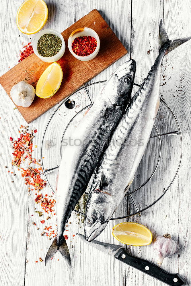 Similar – Image, Stock Photo Raw salmon fish in ice and vegetables