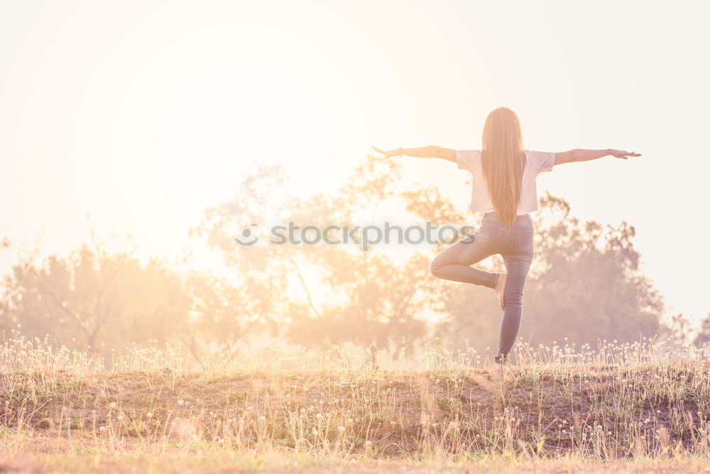 Similar – Image, Stock Photo Strong white woman jumping in the air during contemporary dance performing.