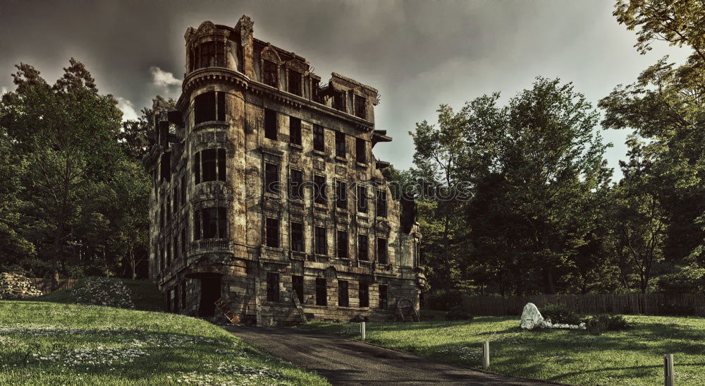 Similar – Image, Stock Photo Lonely empty dilapidated house with forest and mountains