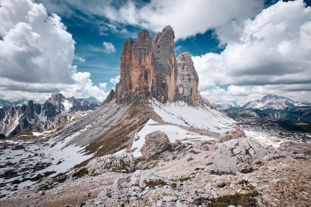 Similar – Image, Stock Photo Nuvolau peak after a summer snowfall, Dolomites, Italy.