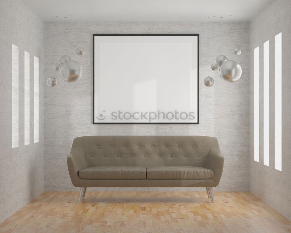 Similar – Stilvolle minimalistische Einrichtung des Wohnzimmers in Grau. Sofa mit Plaid, Stehlampe, beige Teppich und Mockup weißen Rahmen an der Wand