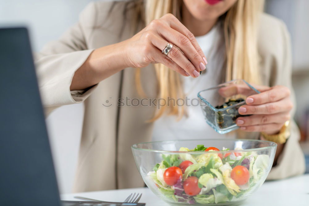 Similar – Image, Stock Photo girl in vegetarian cafe with wrap and smoothie