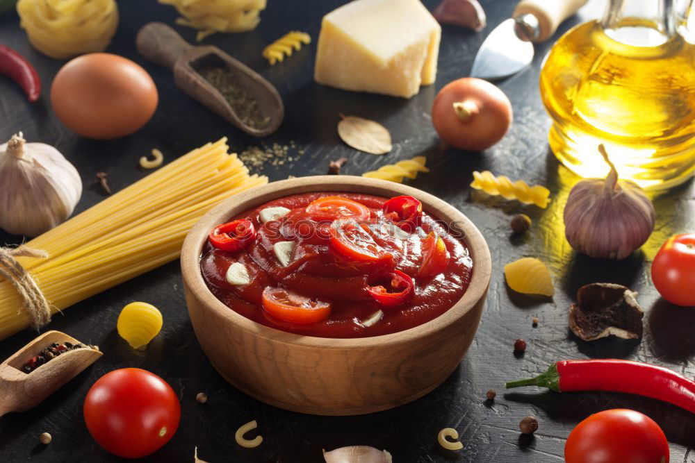 Similar – Image, Stock Photo Whole wheat pasta, vegetables, herbs and olive oil