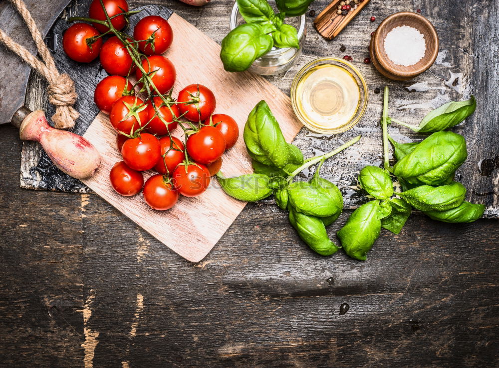 Raw italian pasta, basil and vegetables