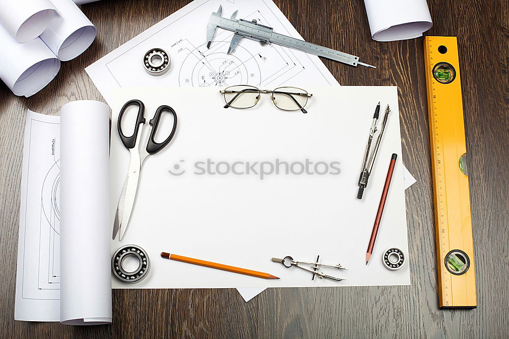 Similar – Red and black desk utensils on a wooden table. notebook, pencils, ruler, tape, sharpener, paper clips, book, stapler