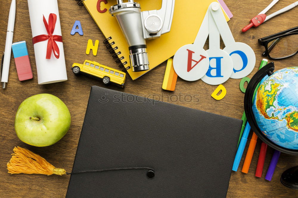 Similar – Image, Stock Photo Backpack and school supplies: magnifying glass, notepad