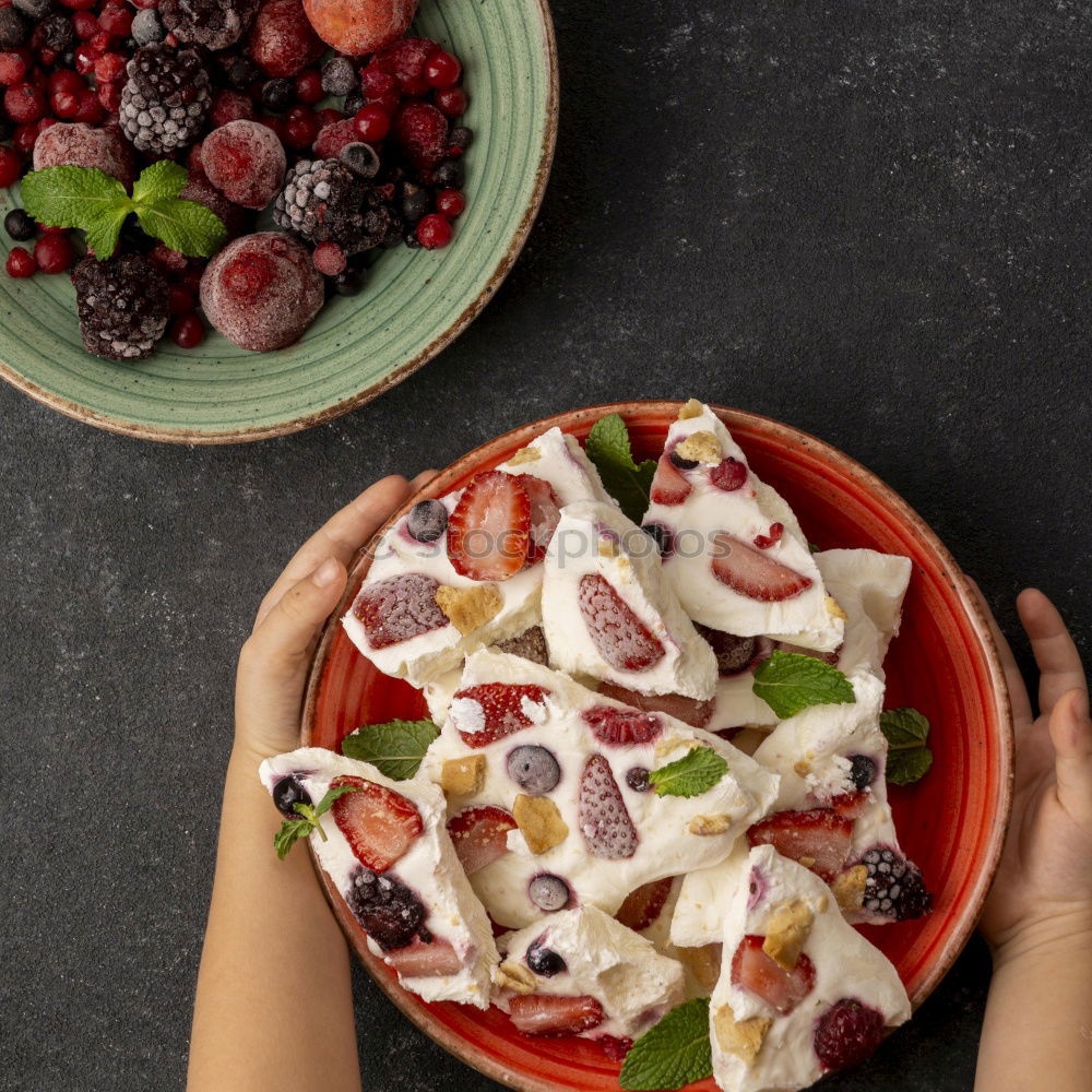 Similar – Image, Stock Photo Rhubarb and strawberry strudel cake preparation