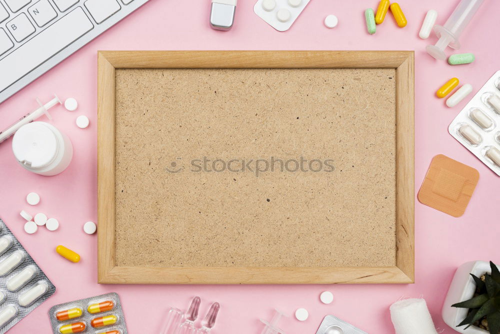 Similar – blank clipboard, medicine bottles, stethoscope, pills