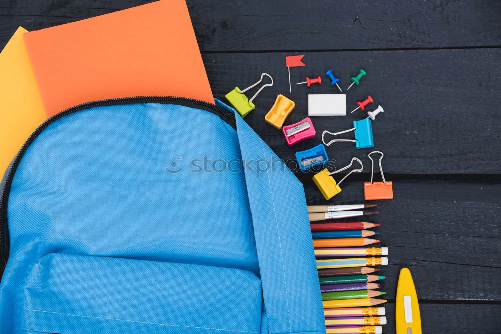 Similar – Image, Stock Photo Backpack and school supplies: books, magnifying glass, notepad