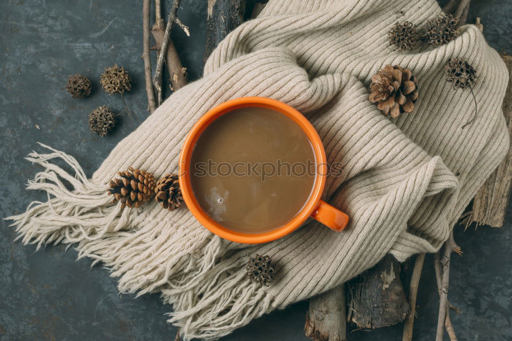 Similar – Cup of coffee on old wooden table with kitchen towel