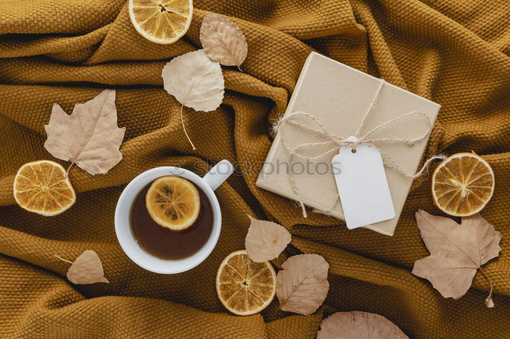 Similar – Image, Stock Photo cup of tea, maple leaves, key with blank label, warm clothes