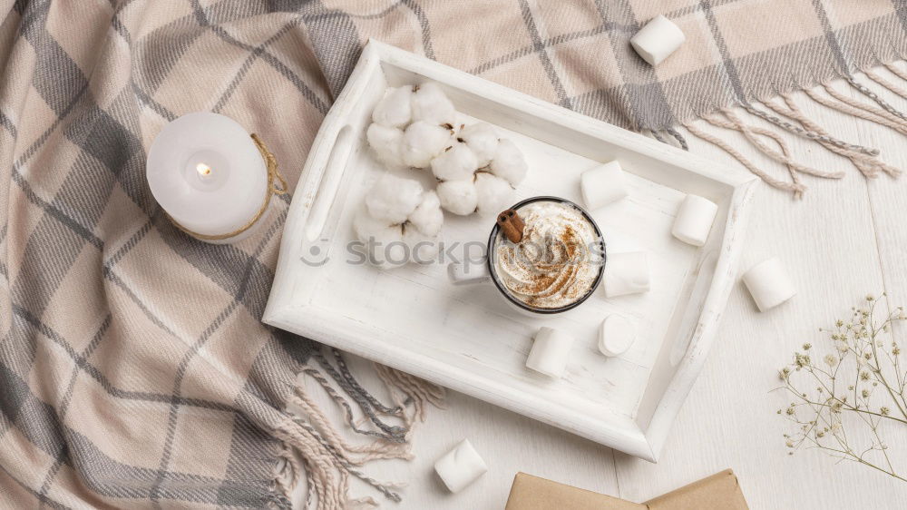 Similar – Image, Stock Photo Flatlay of wooden tray with cup of coffee, peaches, creamer