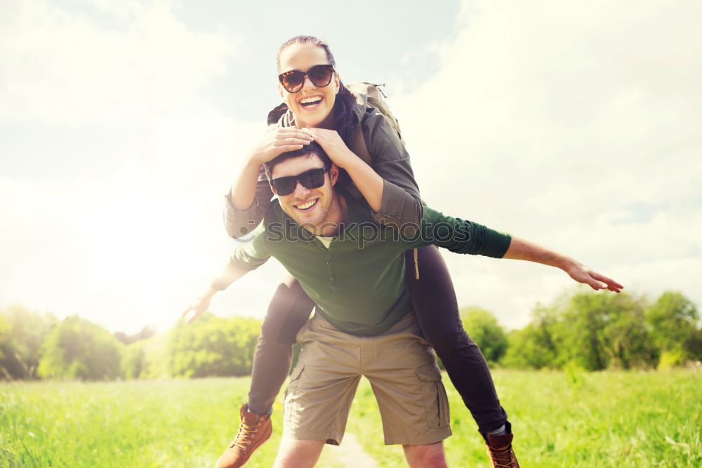 Similar – happy father and daughter walking on summer meadow