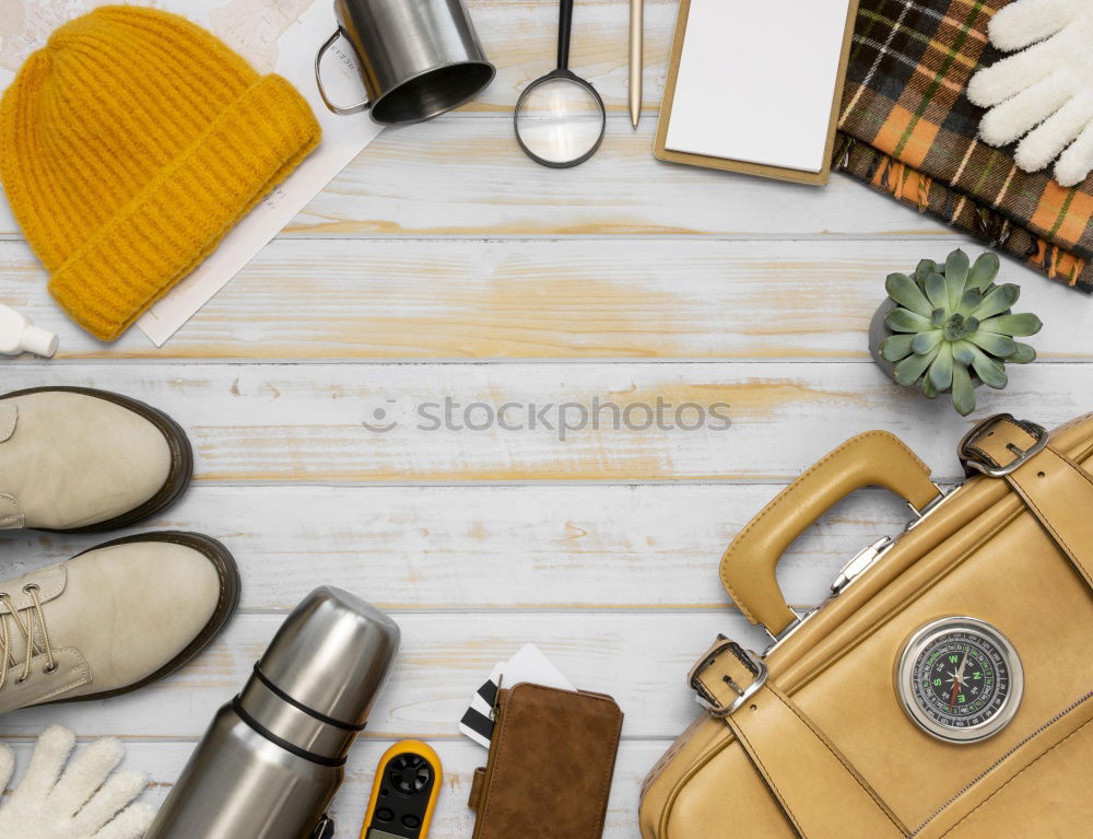 Image, Stock Photo typewriter, jeans, camera, shoes on the white desk