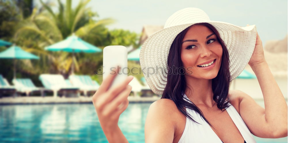 Image, Stock Photo Young beautiful women in bikini sitting at swimming pool