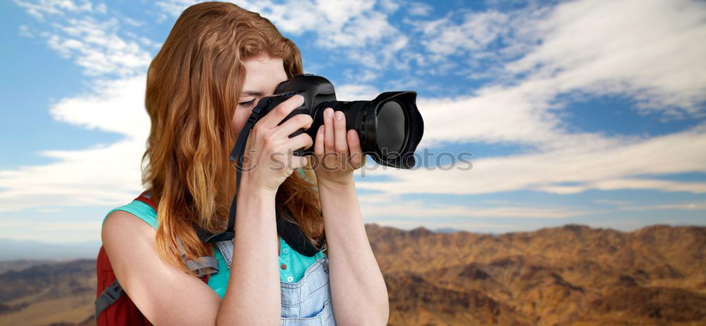 Similar – Image, Stock Photo Smiling girl with camera in the field